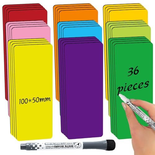 36 Stück Magnetstreifen (10 x 5cm) Wiederverwendbar Magnete Zum Beschriften, Magnetstreifen Beschreibbar, Geeignet für Whiteboards und Tafeln, Inklusive Einem Schwarzen Abwischbaren Stift