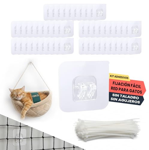 Kit De Fijacion Red Para Gatos Exterior 50 Unidades Ganchos Adhesivos Y Bridas Sin Taladro Impermeables Instalacion Rapida Y Segura En Cualquier Superficie Para Balcon Terraza Ventana Resistente