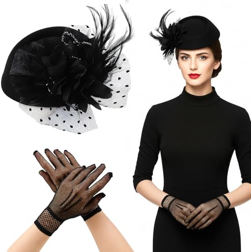 JqruiTbeis Elegantes Retro-Set Mit Hut Und Handschuhen,Fascinator Damen, Elegantes Retro-Set Mit Hut Und Handschuhen, Pillbox Hut Damen Für Hochzeiten Und Partys, Hüte Für Damen