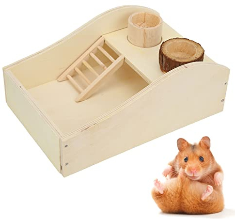 lvifloae Wooden Hamster Sand Bath Box with Platform, Dust-Free Digging Bathtub and Resting Area for Hamsters, Gerbils, Mice and Small Pets