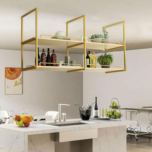 LCUVIMPEX Ceiling Hanging Storage Shelf, Ceiling Hanging 2 Layer Plant Display Shelf With Guardrail Wooden Storage Multiple Sizes(80x30x80cm)