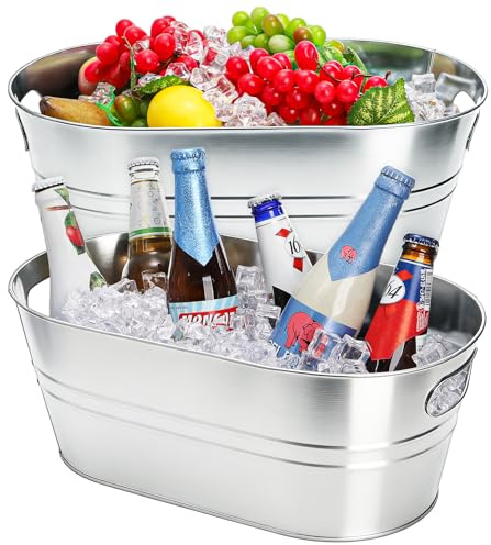 Dicunoy 2 Pack Ice Buckets Galvanized Tub, 1.2 Gallon Beverage Tubs for Parties, Metal Beer Drink Buckets with Handles, Wine Cooler Storage for Champagne Cocktails Bar Supplies