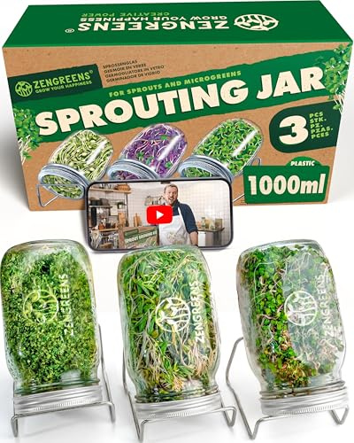 zengreens® Kit de Cultivo de brotes - Set de 1, 2 o 3 tarros de germinación - Incluye Tarro germinador y Soporte metálico - Incl. videocurso Online