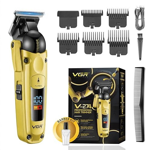 VGR 274 Cortapelos Hombre Inalámbrico, Palanca Ajustable, Turbo, Oro | Maquina de Cortar pelo Hombre, Trimmer Profesional de Precisión con Cuchilla T de Cerámica, Pantalla LED