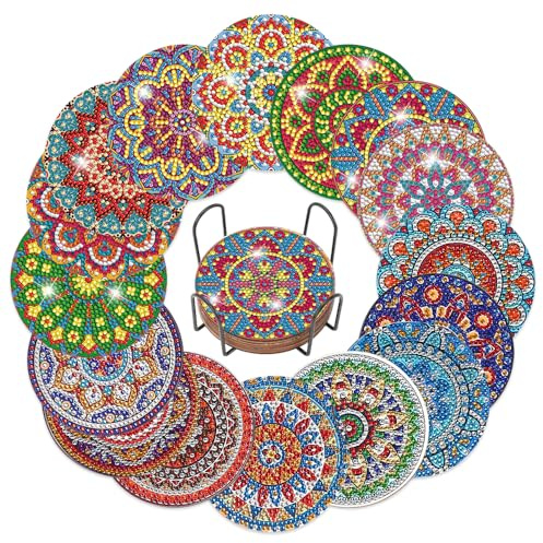 Mulaibdin 16 posavasos de pintura de diamantes, posavasos de cristal con soporte, posavasos para tazas, posavasos de mandala, juego de posavasos de diamante para manualidades, posavasos para bebidas