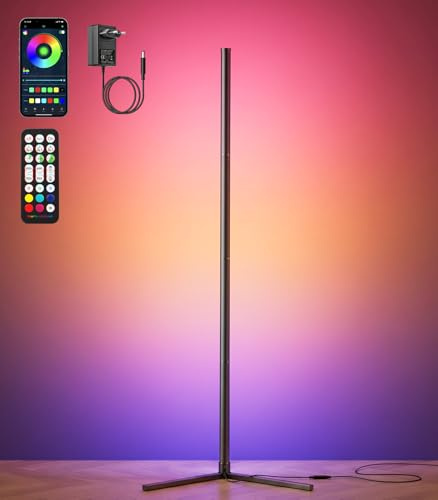 riyo Lámpara de Pie LED RGBIC, 146cm, 2400LM, 168 LEDs, Regulable 2800K-6500K, Sincronización de Música, Smart APP, para Salón, Gaming y Dormitorio,Negro