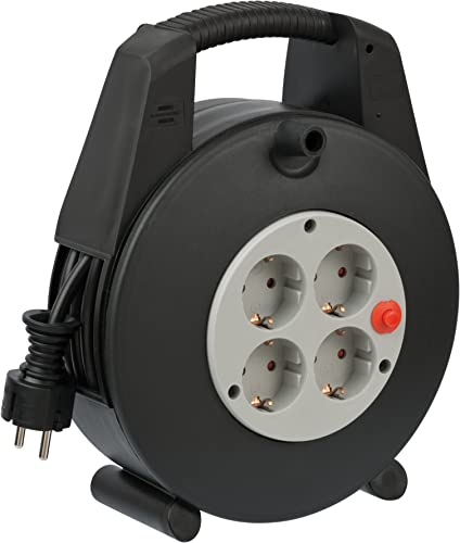 Brennenstuhl Vario-Line enrollacables doméstico con 4 enchufes (cable de 15 m, alargador enrollable, protección de corte térmico) negro/gris