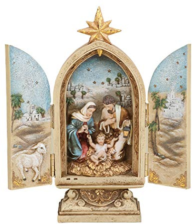 Joseph's Studio by Roman - Nativity Triptych, Holy Family with Star, Renaissance Collection, 10 H, Resin and Stone, Openwork Doors, Gold, Decorative Figure