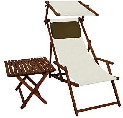 Sonnenliege weiß Liegestuhl Sonnendach Tisch Kissen Gartenliege Holz Deckchair 10-303 S T KD
