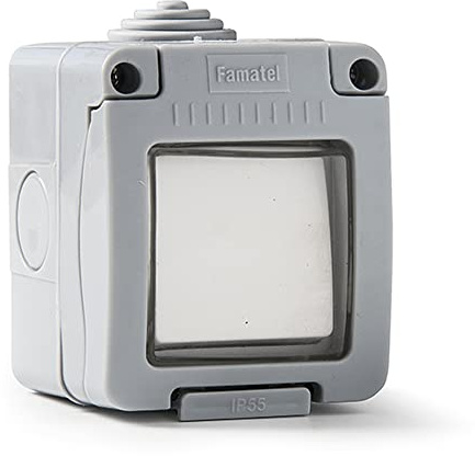 FAMATEL – Interruptor + Conmutador | Enchufe de empotrar | Serie Garden | IP55 | Protección Infantil | A prueba de agua | Fácil de instalar | Gris