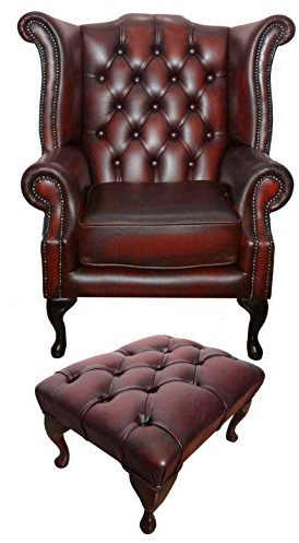 Chesterfield 100% Genuine Leather Oxblood Red Queen Anne Armchair and Foots...