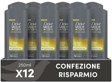 Dove, Doccia Dove Men+Care Sports Active, Docciaschiuma Uomo 3 in 1 Idratante Corpo, Viso e Capelli, con Tecnologia MicroMoisture, Dona 24 Ore di Idratazione, 12 Pezzi da 250 ml