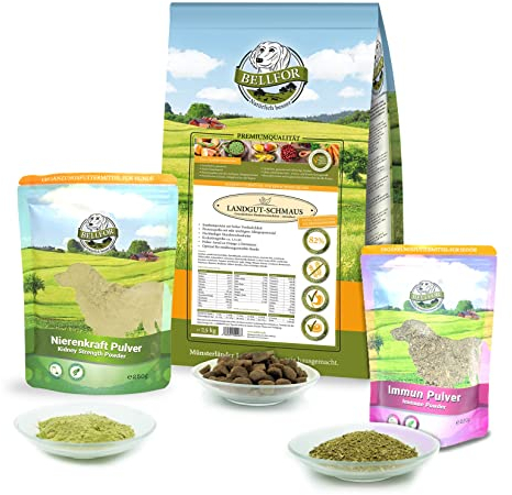 Bellfor Set de ahorro nº 7 de polvo de granja de granja, alimento seco con insectos, 7,5 kg de fuerza renal, 250 g, polvo inmunológico, complemento alimenticio, 250 g, ideal para perros sensibles a la