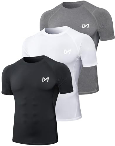 MEETYOO Kompressionsbaslager för män, långärmad t-shirt sportutrustning fitness tights för löpning gym träning, Svart+vit+grå-kort, L