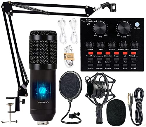 Podcast Equipment Bundle, BM-800 Mic Kit with Live Sound Card, Adjustable Mic Suspension Scissor Arm, Metal Shock Mount and Double-Layer Pop Filter for Studio Recording & Broadcasting (CF200-Black)