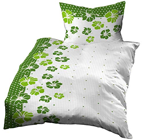 Gerald Wittmann Microfibre Seersucker Bed Linen Set of 2 with Polka Dots Flowers Green / White 140 x 200 cm + 70 x 90 cm