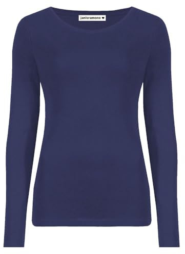 janisramone Womens Ladies Round Neck Long Sleeve T-Shirt Stretchy Plain Fitted Basic Jersey Casual Tee Top