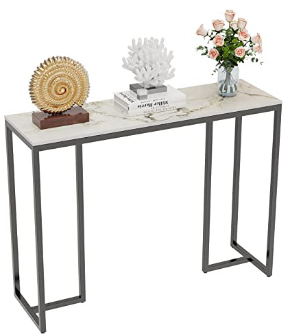 FATIVO Konsolentisch Marmor Smaragd Weiß 100×30×79 cm | Eingangstisch, Flurtisch, Wohnzimmertisch Skandinavisch, Stabiler Luxustisch mit Schwarz Metallgestell Modern