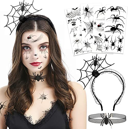HOWAF Spinnen Haarreif, Halskette, Halloween Tattoo Gesicht für Spinnenkostüm, Spinnen Halloween Kostüm Damen Herren, Karneval Fasching Kostüm, A