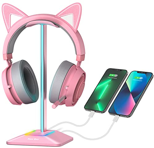 New Bee RGB Headphone Stand with 1 USB-C Charging Port and 1 USB Charging Port, Desk Headset Stand with 7 Light Modes and Non-Slip Rubber Base Suitable for All Earphone Accessories (Pink)