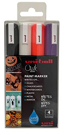 uni-ball PWE-5M Lot de 4 marqueurs à craie liquide effaçables pour tableaux, tableaux noirs, tableaux blancs, verre, miroirs, plastique, fenêtres, métal, tons Halloween, pointe ogive, 5 mm