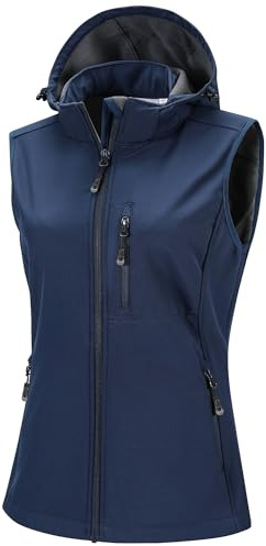 33 000 fot softshell västar för kvinnor med avtagbar huva fleece fodrad ärmlös jacka vattentät vindtät sportväst väst med 5 fickor för ridning löpning vandring, blå, XXL