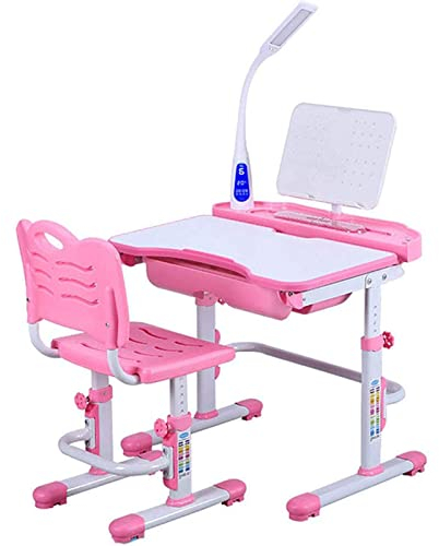 ZUMAHA Stabil Rosa Kinderschreibtisch und Stuhl-Set, höhenverstellbarer Arbeitstisch mit Augenschutzlampe ＆ Leseständer, ergonomischer Schreibtisch Flexibel
