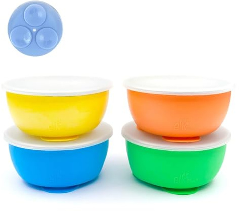 Älg och vänner barn skålar i rostfritt stål med silikonsughylsor | lock ingår | lämpliga för bebisar/småbarn | diskmaskinssäker | servis för stanna kvar | snacksrätter | 4-pack