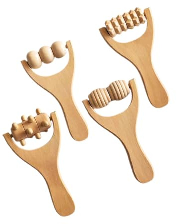 IWOWHERO 4Stücke Teiliges Holztherapie Massagegerät Holzrollen für Rücken Nacken Füße Beine und Arme Manuelle Massageroller für Effektive Muskelentspannung und Schmerzlinderung