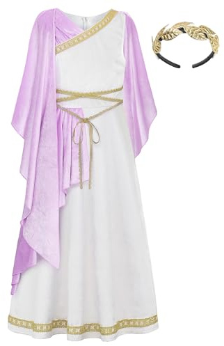 ReliBeauty Costume Dea Greca per Bambina Vestito Tunica Età Antica con Fascia per Capelli,140