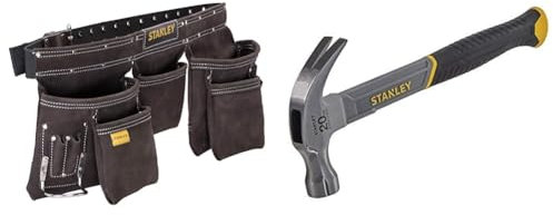 Stanley STST1-80113 - Delantal Portaherramientas de doble cinturón, Múltiples bolsillos & STHT0-51310 Martillo Sacaclavos Fibra de vidrio, 570 g (20 oz)