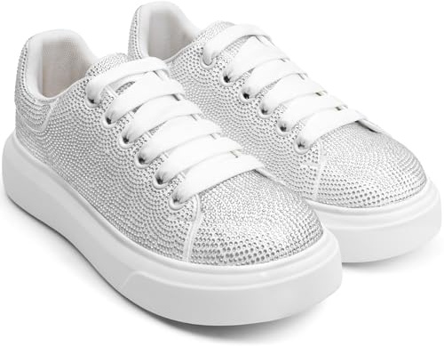 Sparkle Rhinestone Sneakers for Women Platform Rhinestone Fashion Glitter Sneakers Bling Fashion Tennis Shoes Wedding Party Bride Dress White