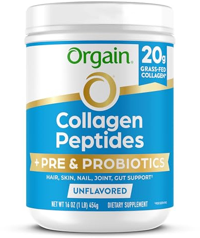 Orgain Hydrolyzed Collagen Peptides + Prebiotic & Probiotics Powder for Women & Men, 20g Grass Fed Collagen, 1 Billion CFU - Supports Digestive, Hair, Skin & Joint Health, Non-GMO, Type I & III, 1lb