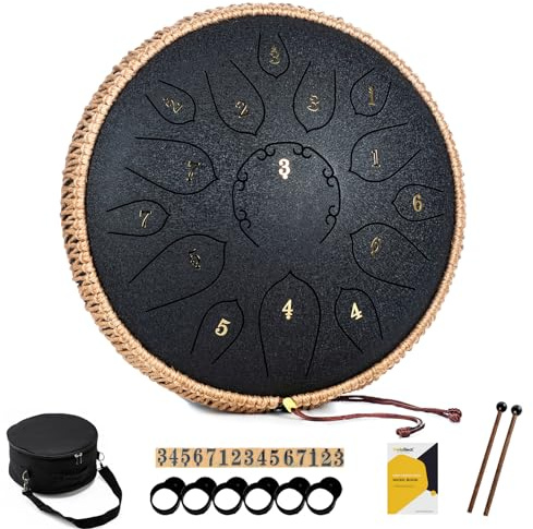 MeloBeat Steel Tongue Drum - 12 Inch 15 Notes Tongue Drum - Hand Pan Drums with Music Book, Handpan Drums Mallets and Carry Bag, D Major (Black)