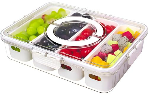 Tray, Snack Tray, Snackle Box, Divided Tray with Lid, Handle, 4 Compartments Fruit Containers Food Storage Snack Bowls, Snack Tray with Lid for Snack, Sweet, Fruit, Nuts, Dry