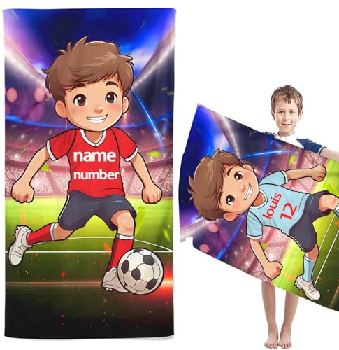 SMchwbc Personalisiert Fußball Strandtuch Mit Namen, Personalisiertes Fußball Handtuch Badetuch Mit Name Mikrofaser Strandtuch Kinder Badetuch Handtuch Saunatuch Fußball (1,50 x 100 cm)