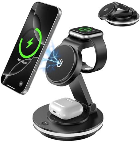 3 in 1 Wireless Charging Station,Mag-Safe Charger Stand,Fast Wireless Charger Stand Compatible with iPhone 16/15/14/13/12/Pro/Pro Max/Mini,Phone and Watch Charger Stand for Apple Watch,Airpods(Black)