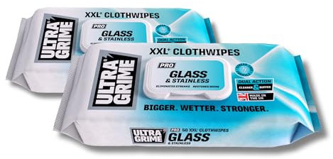 UltraGrime PRO 100 Pack Glass & Stainless Surface Wet Wipes XXL Cleaning Cloths for Mirrors, Windows, Kitchen, Home, Shower Glass Cleaner Streak Free (2 x Pack of 50)