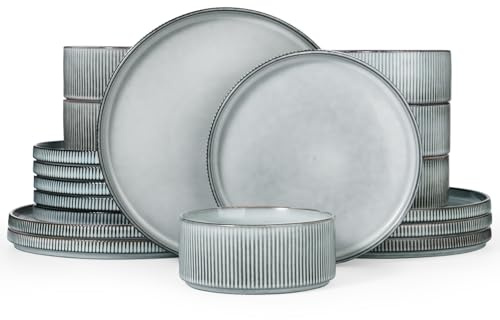 Richmount Star Plates and Bowls Set, 18 Pieces Dinner Sets for 6 People, Stoneware Dinnerware Sets with Dinner Plates/Salad Plate/Cereal Bowls, Dishwasher & Microwave Safe, Smoky Blue
