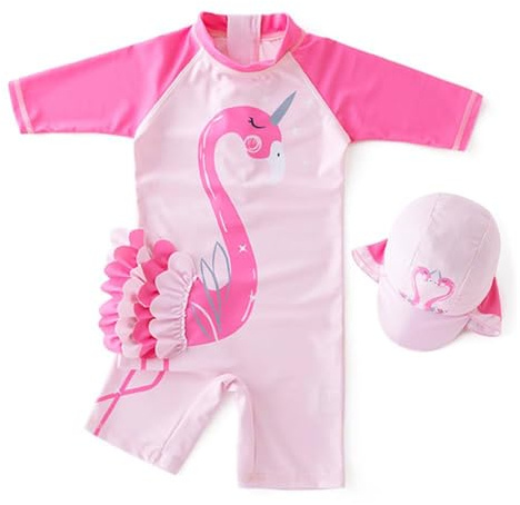 WYTbaby Traje de baño para bebé niña de una pieza de manga larga UV traje de baño con gorro de natación camiseta UV para niñas de 1 a 7 años, Rosa., 12-24 meses