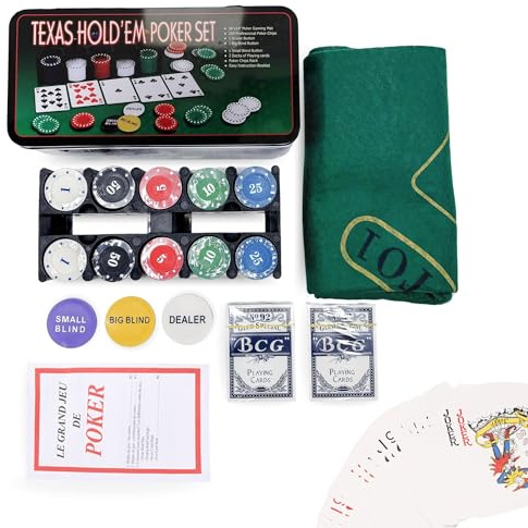 MAGIC SELECT Jeu de Poker. Poker Kit avec 200 Jetons, 2 Jeux de Cartes, Bouton Dealer, Big-Small Blind, Tapis. Poker Set Texas Holdem dans Boîte en Métal avec Manuel de Règles en PDF.