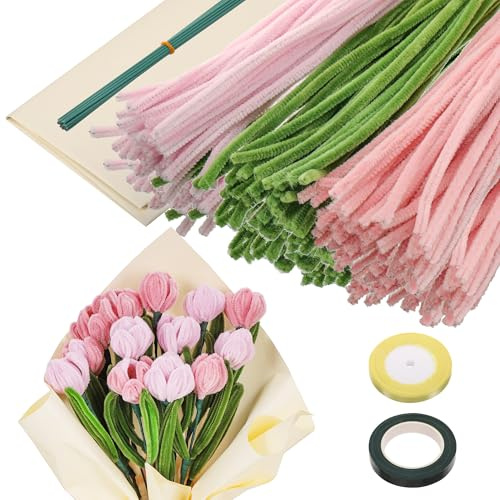 320 Pezzi Scovolini Colorati per Lavoretti, Scovolini Pipa Set con Steli di Fiori e Nastro da Fiorista, Scovolini Colorati Super Flessibili per Rosa Bouquet di Tulipani, Lavoretti Creativi per Bambini