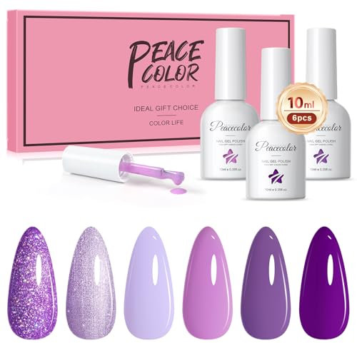PEACECOLOR 6 Colori Smalti in Gel per Unghie,Set 10ml Smalto Semipermanente Colore Viola e Glittero Soak Off Smalto Gel UV/LED Semipermanente Nail Art Manicure Pedicure