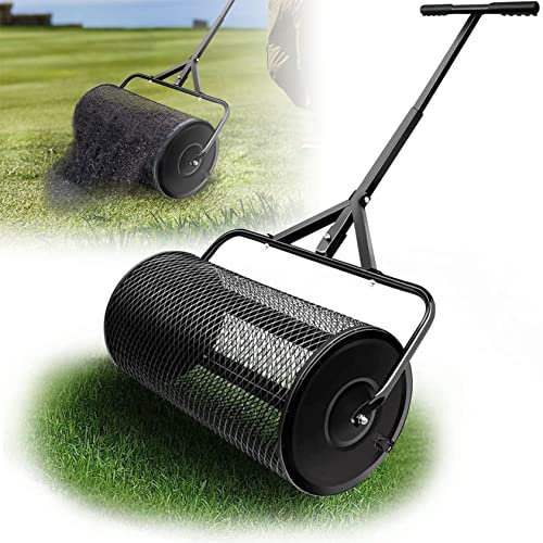Épandeur de fumier léger à rouleau, épandeur de compost de 24 pouces pour pelouse, jardin, cour avec long manche réglable, parfait pour épandre de la mousse de tourbe, de l'engrais et des graines,