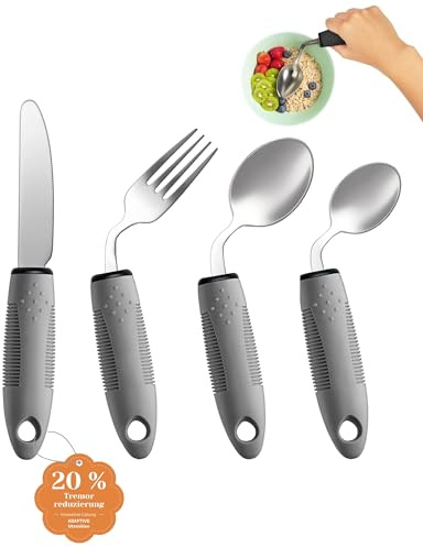 CuraVita Juego de Cubiertos Adaptados (4 Piezas) - Ángulo de 42°, Cubiertos con Peso de 85g para Parkinson, Temblores y Artritis - Ayuda para una Alimentación Ergonómica Fácil de Agarrar (para Zurdos)
