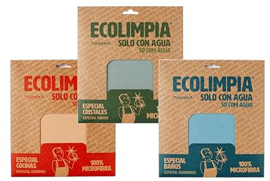 Ecolimpia - Pack de 3 Bayetas de Microfibra Surtidas | Limpieza Solo con Agua | Fabricadas en España | Certificadas OEKOTEX y FSC | Reutilizables y Ecológicas | Sin Rastros ni Pelusas (Surtido)