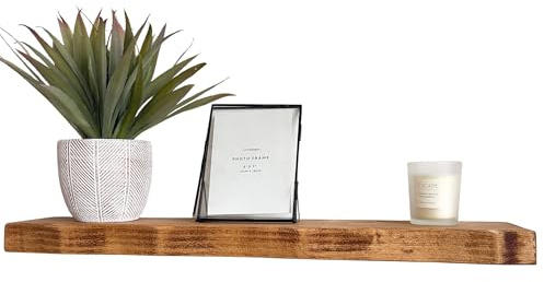 Rustic Floating Shelf Handmade From Solid Wood, Waney Edge,14.5cm Deep, 4.5cm Thick, With Heavy Duty Brackets – Ideal for Kitchen, Living Room, Bedroom & Bathroom Storage (Dark Oak, 60cm)