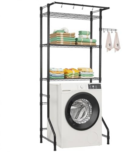 VEVOR Étagère de Rangement pour Lave-Linge et sèche-Linge à 3 Niveaux, étendoir à Linge avec Tringle et Crochets, étagères réglables, pour Gagner de la Place, pour Organisation de la buanderie, Noir