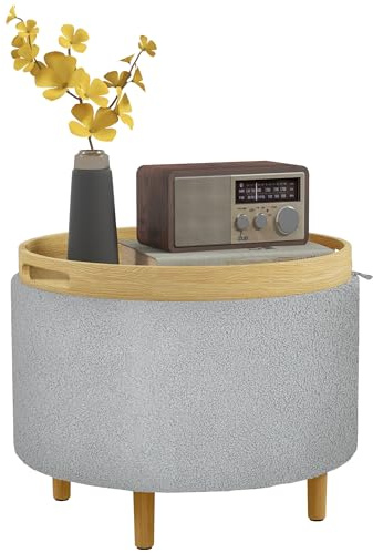 HOMCOM Sitzhocker mit Stauraum mit Klappdeckel 56 x 56 x 42 cm Grau | Runder Fußhocker, Sitzwürfel, Pouf, Polsterhocker mit Holzbeine, Samtoptik