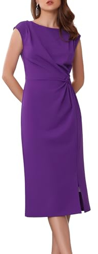 WOMLAYOUT Robe Fourreau Formelle Femme à Col Bateau Froncé, Manches Courtes, Fente Latérale, Robe Élégante, pour Travail et Bureau Mauve XL